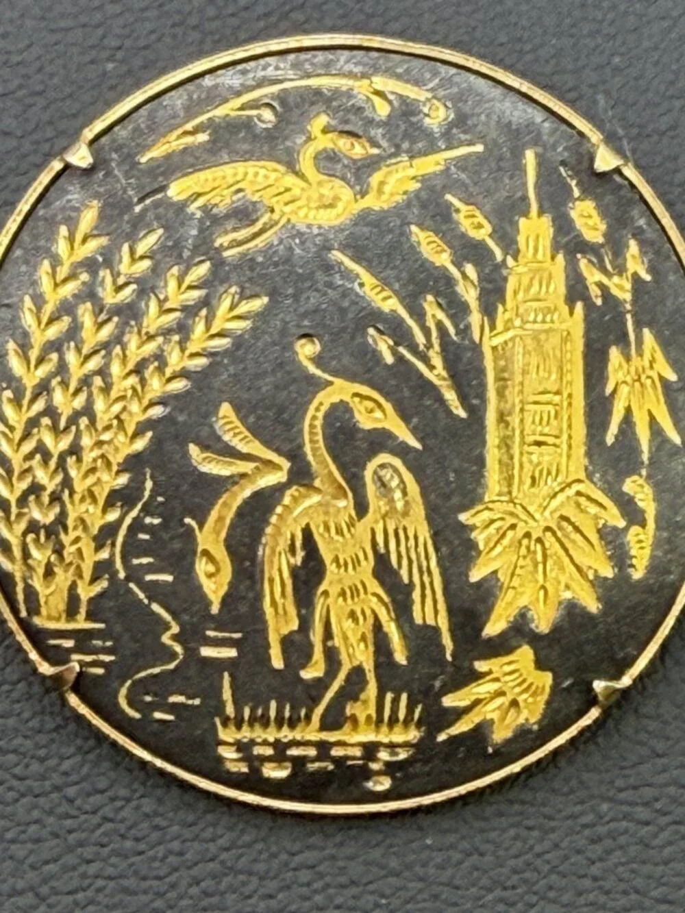 Vintage Damascene Brooch Black Crane Water Cattails Trombone Clasp